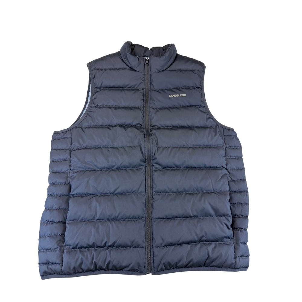 Lands' End Mens Navy Blue Puffer Vest Down Blend Quilted Full Zip Size Large